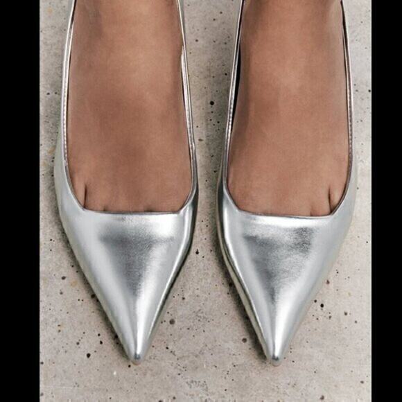 ZARA Metallic Pointed Toe Heels NWT | Silver Pumps | Size 7.5 - Picture 5 of 16